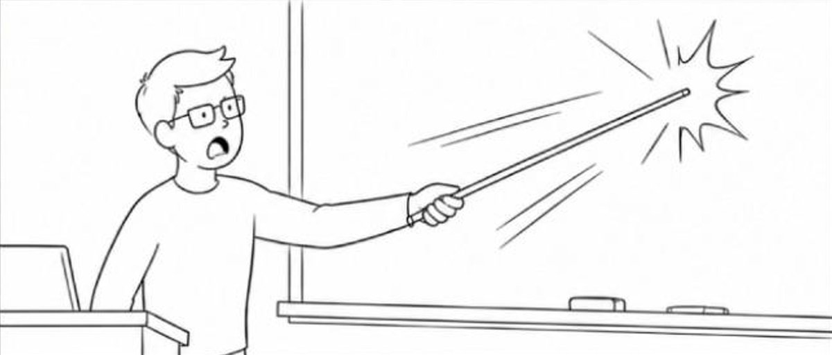 The teacher snaps the pointer against the whiteboard.