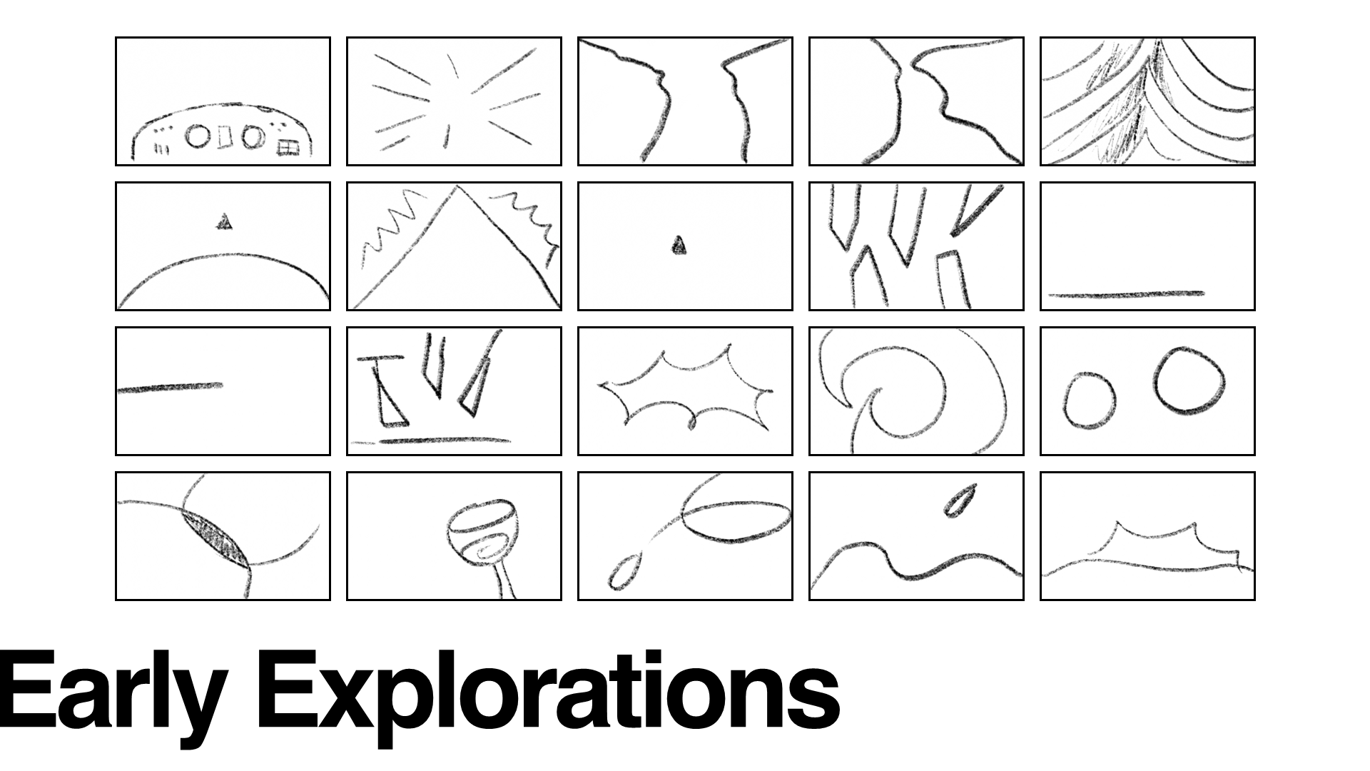 Early explorations: twenty hand-drawn sketch frames, one for each line of the script.